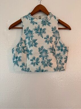 Endless Rose White Crop Top with Teal Floral Print